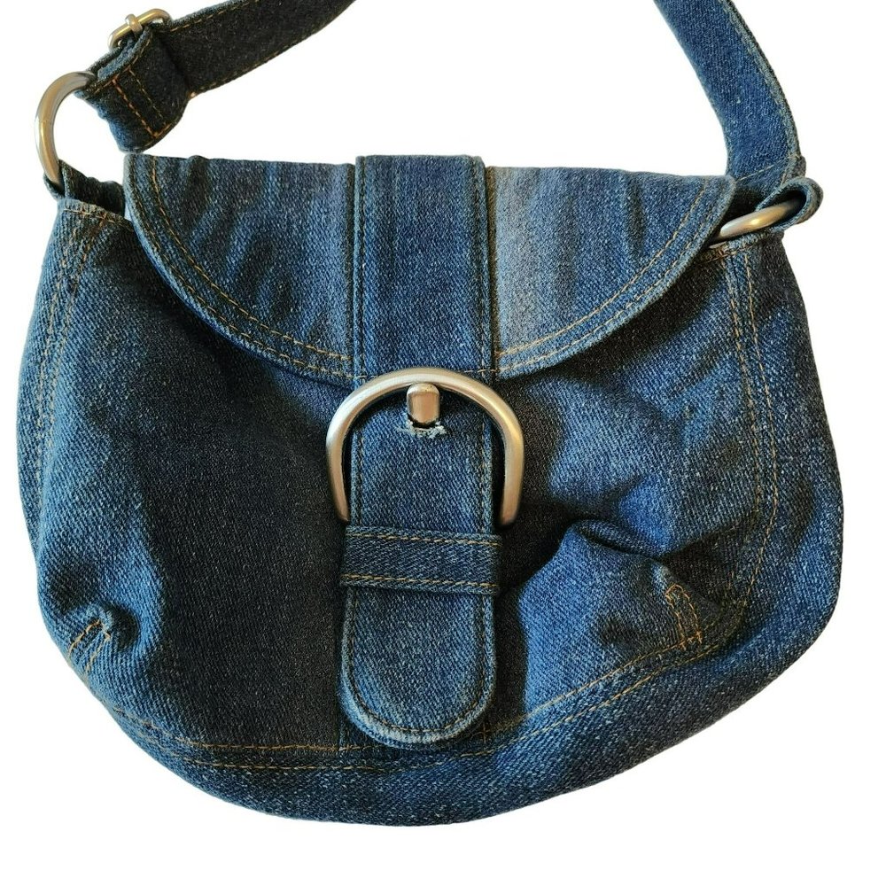 Distressed Denim Purse with Faux silver buckle
